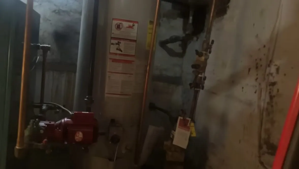 Plumber inspecting supply and drain pipes in a residential utility room